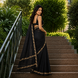 Jet Black Linen Cotton Digital Printed Floral Border Saree