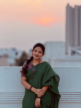 Handloom Cotton Saree – Deep Green Cotton Saree with Kalamkari Printed Blouse