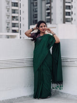 Handloom Cotton Saree – Deep Green Cotton Saree with Kalamkari Printed Blouse