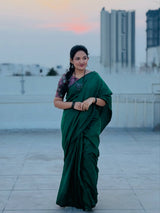 Handloom Cotton Saree – Deep Green Cotton Saree with Kalamkari Printed Blouse