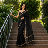 Jet Black Linen Cotton Digital Printed Floral Border Saree