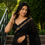Jet Black Linen Cotton Digital Printed Floral Border Saree