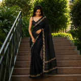 Jet Black Linen Cotton Digital Printed Floral Border Saree