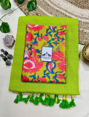 Premium Handloom Cotton Saree - Beautiful lemon green saree with floral printed blouse - Cotton Dori