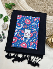 Premium Handloom Cotton Saree - Crow black handloom cotton saree with blue printed blouse - Cotton Dori