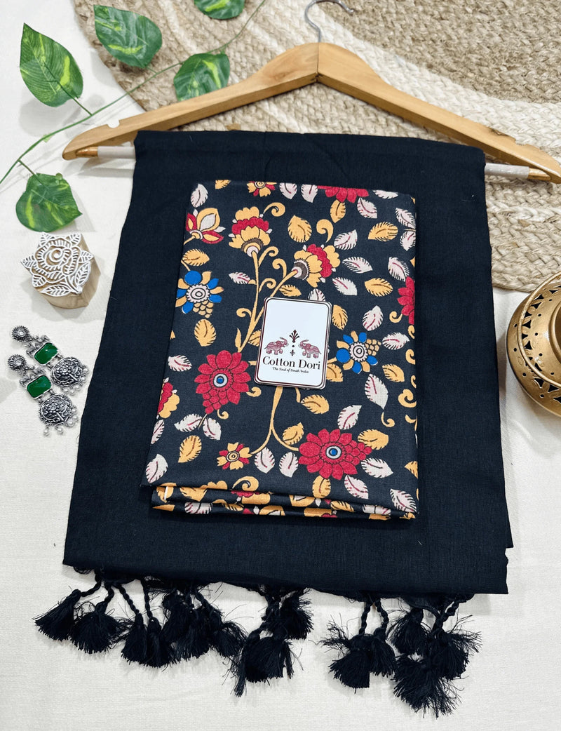 Premium Handloom Cotton Saree - Shadow black saree with black flower printed blouse