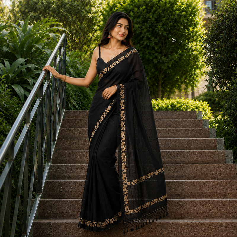 Jet Black Linen Cotton Digital Printed Floral Border Saree