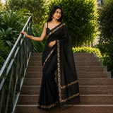 Jet Black Linen Cotton Digital Printed Floral Border Saree