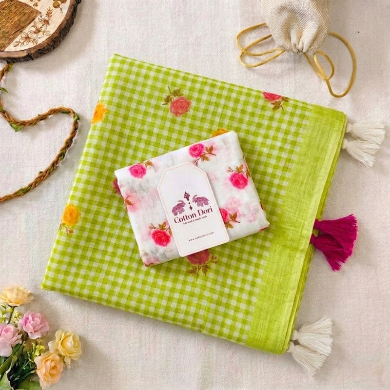 Fresh Lime Green Linen Cotton Checks Saree with Floral Print Accents & White Floral Blouse