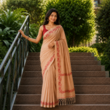 Sand Beige Linen Cotton Digital Printed Floral Border Saree