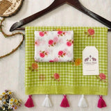 Fresh Lime Green Linen Cotton Checks Saree with Floral Print Accents & White Floral Blouse