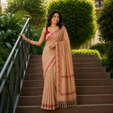 Sand Beige Linen Cotton Digital Printed Floral Border Saree