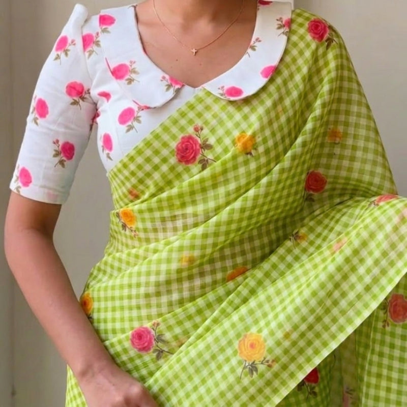 Fresh Lime Green Linen Cotton Checks Saree with Floral Print Accents & White Floral Blouse