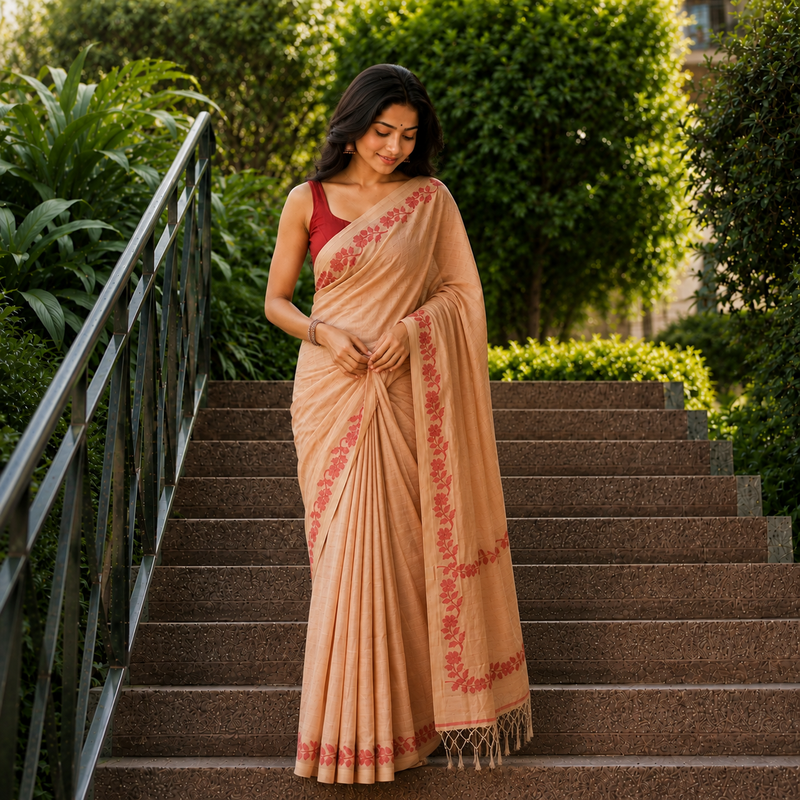 Sand Beige Linen Cotton Digital Printed Floral Border Saree
