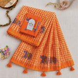 Premium Orange Linen Cotton Checks Saree with Elephant Design & Matching Blouse
