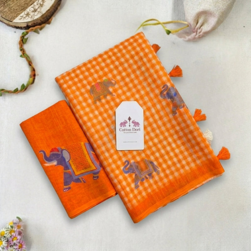 Premium Orange Linen Cotton Checks Saree with Elephant Design & Matching Blouse