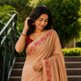 Sand Beige Linen Cotton Digital Printed Floral Border Saree