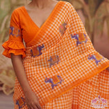Premium Orange Linen Cotton Checks Saree with Elephant Design & Matching Blouse