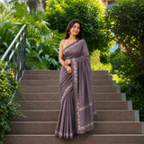 Dusty Lavender Linen Cotton Digital Printed Floral Border Saree