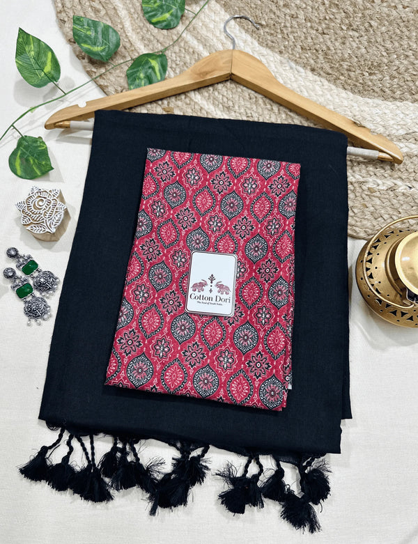 Premium Handloom Cotton Saree - Charcoal black saree with beautiful printed blouse - Cotton Dori