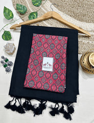 Premium Handloom Cotton Saree - Charcoal black saree with beautiful printed blouse - Cotton Dori
