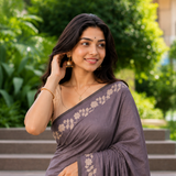 Dusty Lavender Linen Cotton Digital Printed Floral Border Saree