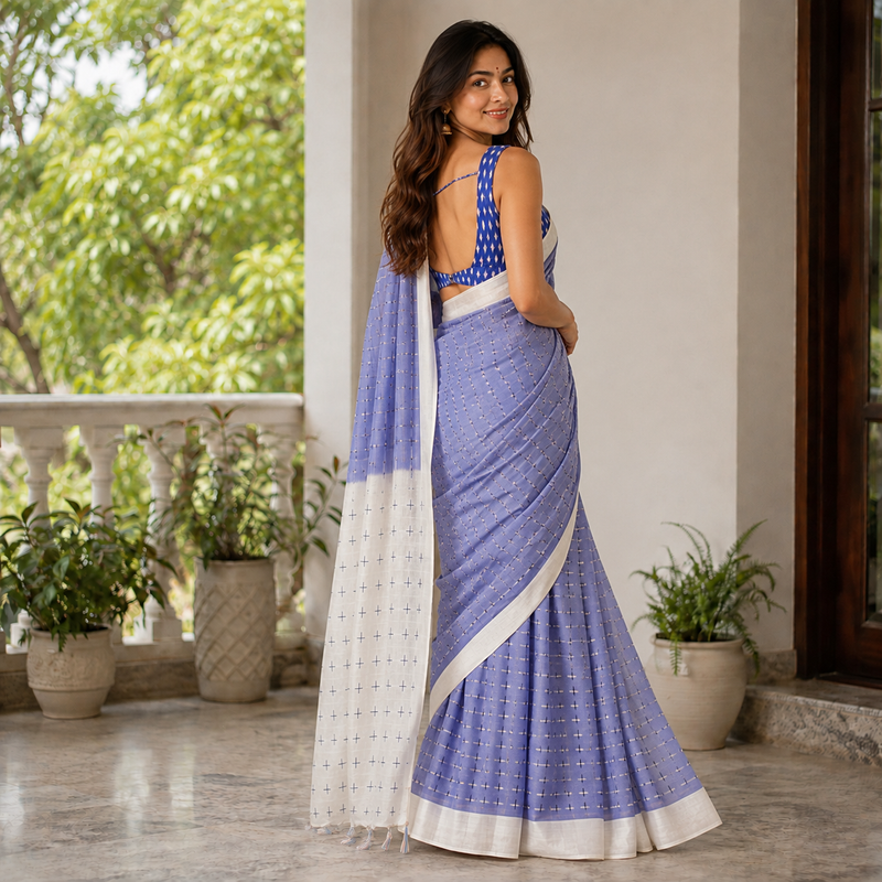 Bluebell Printed Line Cotton Saree with Contemporary Checks