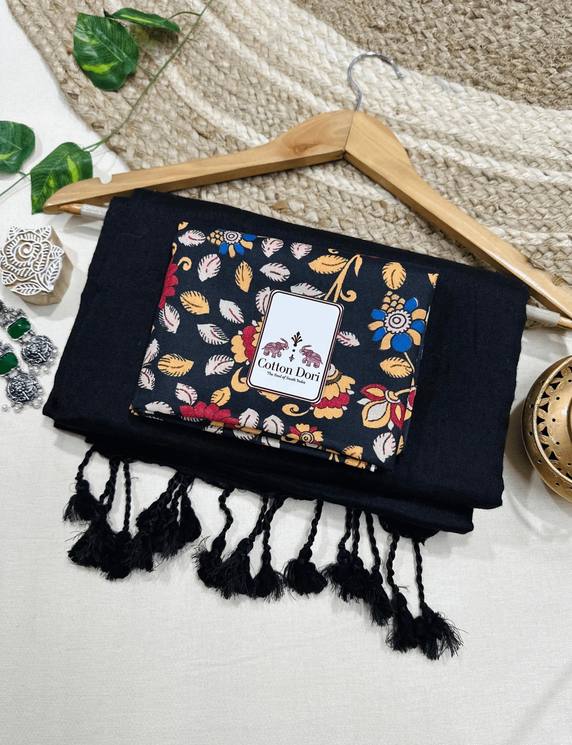 Premium Handloom Cotton Saree - Shadow black saree with black flower printed blouse - Cotton Dori