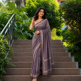 Dusty Lavender Linen Cotton Digital Printed Floral Border Saree