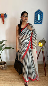 Crimson Muse – Black & White Linear Digital Printed Linen Cotton Saree