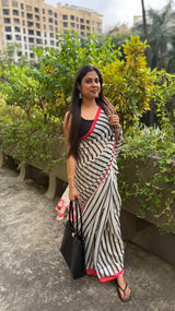 Crimson Muse – Black & White Linear Digital Printed Linen Cotton Saree