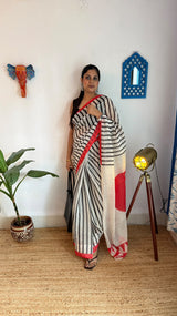 Crimson Muse – Black & White Linear Digital Printed Linen Cotton Saree