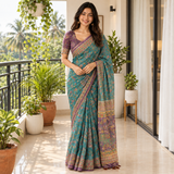 Peacock Teal Linen Cotton Saree with Elegant Floral Digital Print