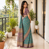 Peacock Teal Linen Cotton Saree with Elegant Floral Digital Print