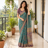 Peacock Teal Linen Cotton Saree with Elegant Floral Digital Print