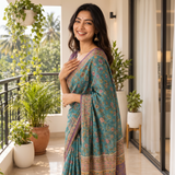 Peacock Teal Linen Cotton Saree with Elegant Floral Digital Print