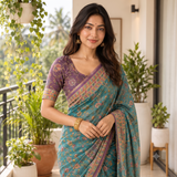 Peacock Teal Linen Cotton Saree with Elegant Floral Digital Print