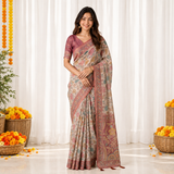 Rosewood Pink Linen Cotton Saree with Elegant Multicolor Floral Digital Print