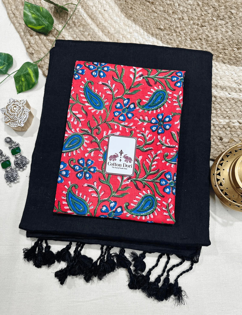 Premium Handloom Cotton Saree - Pure cotton handloom Black saree with Red printed blouse - Cotton Dori