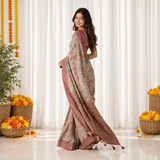 Rosewood Pink Linen Cotton Saree with Elegant Multicolor Floral Digital Print