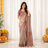 Rosewood Pink Linen Cotton Saree with Elegant Multicolor Floral Digital Print