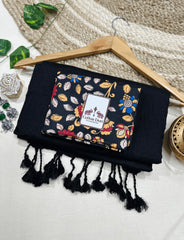 Premium Handloom Cotton Saree - Shadow black saree with black flower printed blouse - Cotton Dori