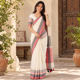 Pearl White Linen Cotton Saree with Coral Pink & Grey Striped Pallu