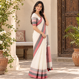 Pearl White Linen Cotton Saree with Coral Pink & Grey Striped Pallu