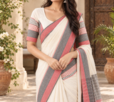 Pearl White Linen Cotton Saree with Coral Pink & Grey Striped Pallu