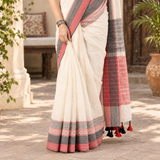 Pearl White Linen Cotton Saree with Coral Pink & Grey Striped Pallu