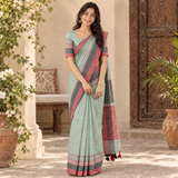 Mint Breeze Linen Cotton Saree with Digital Print & Striped Pallu