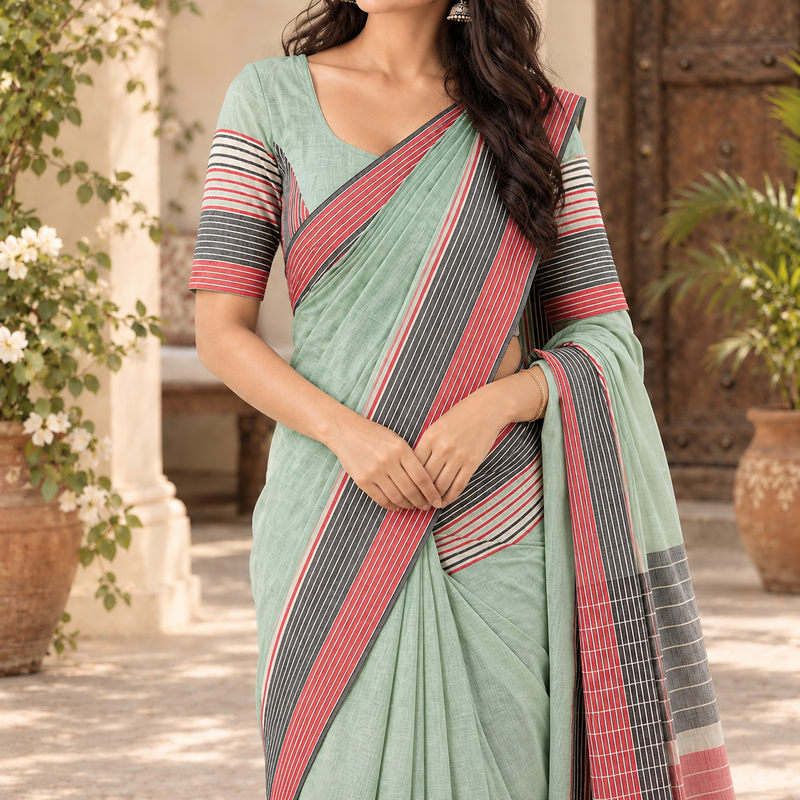 Mint Breeze Linen Cotton Saree with Digital Print & Striped Pallu