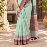 Mint Breeze Linen Cotton Saree with Digital Print & Striped Pallu