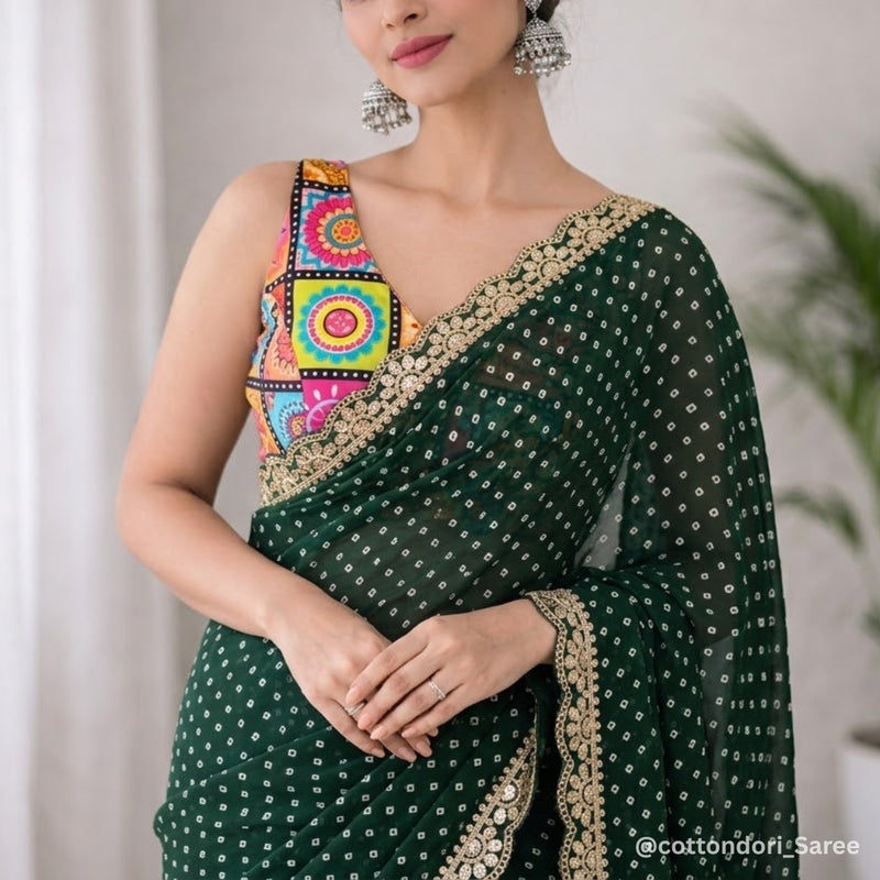 Emerald Green Bandhani Print Soft Georgette Silk Saree with Elegant Sequence Lace Work Blouse